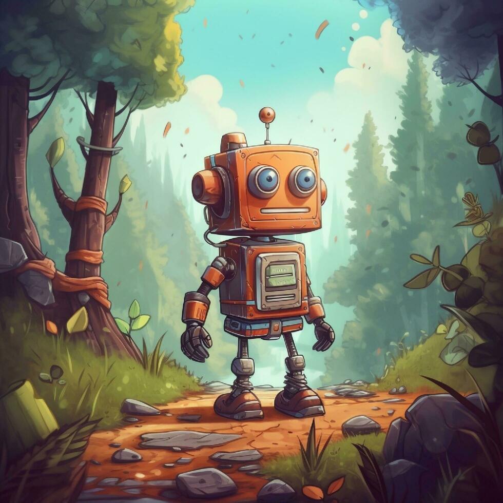 Vintage robot in the forest for background. generative ai photo