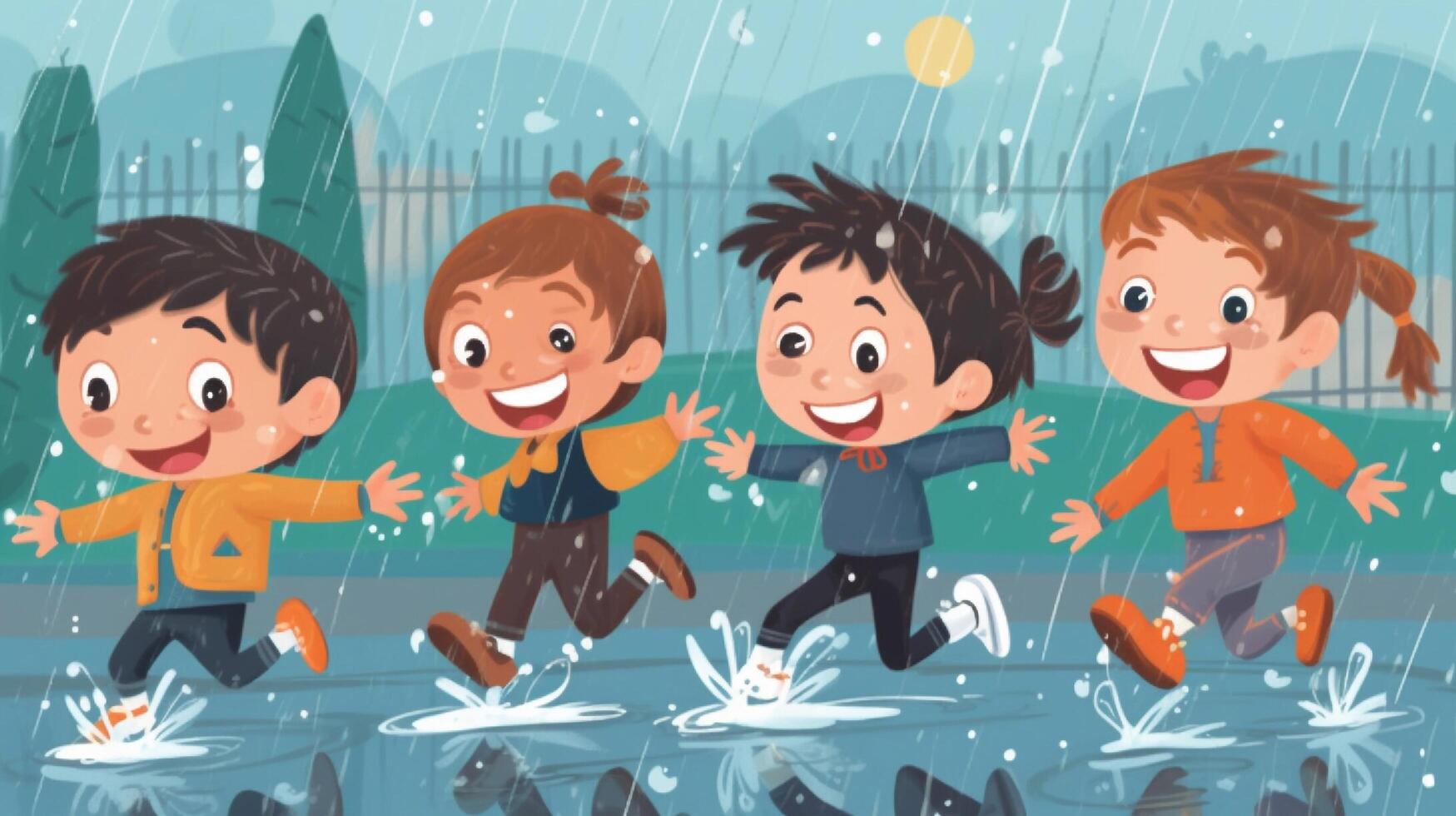 happy children playing in the rain. generative ai photo