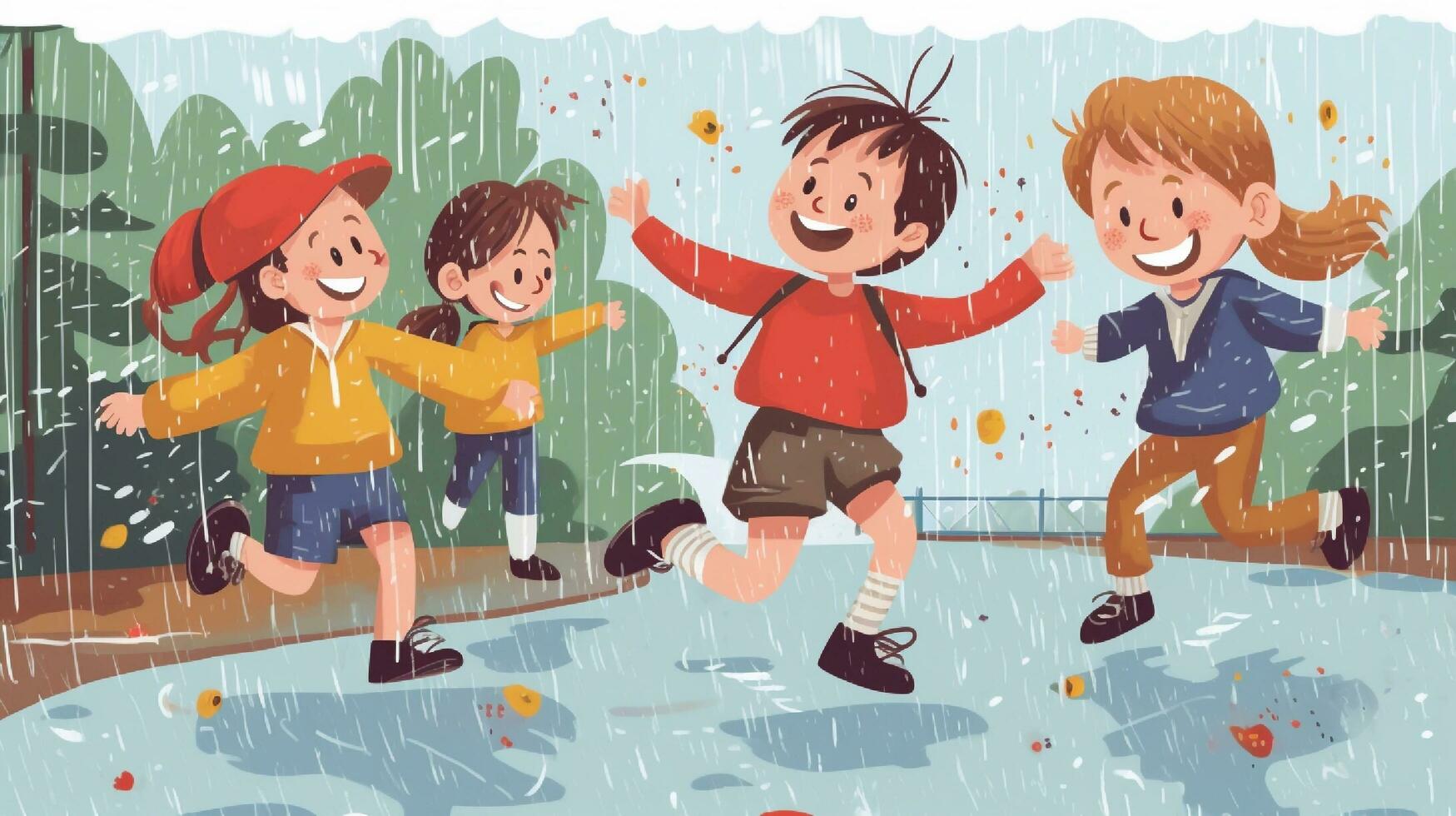 happy children playing in the rain. generative ai photo