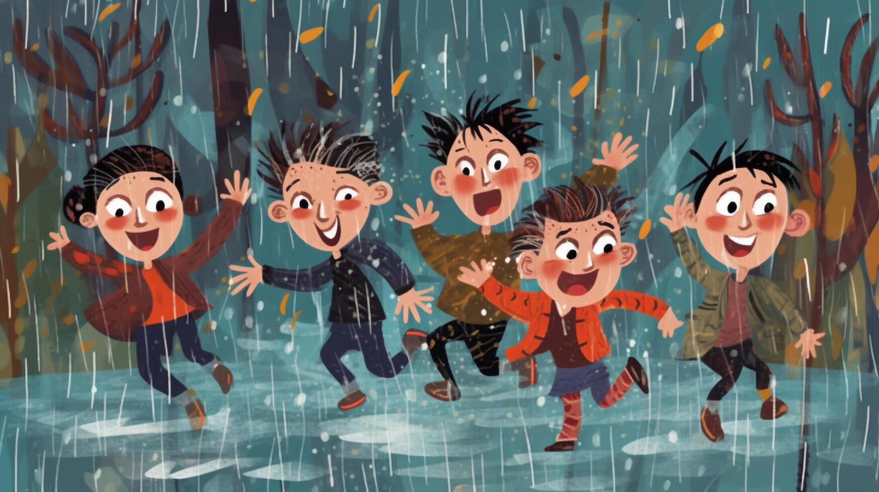 happy children playing in the rain. generative ai photo