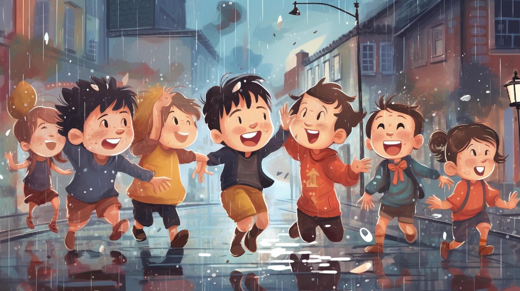 happy children playing in the rain. generative ai photo