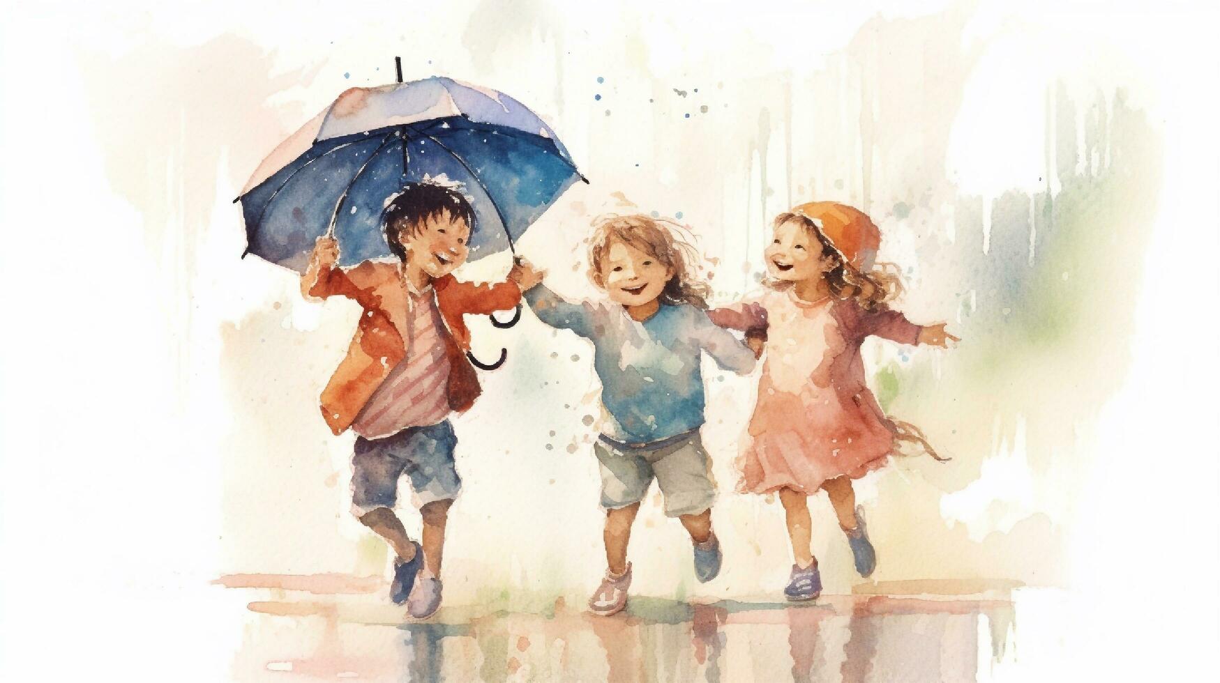 Watercolor illustration of ahappy childrens walking in the rain. Watercolor background. generative ai photo