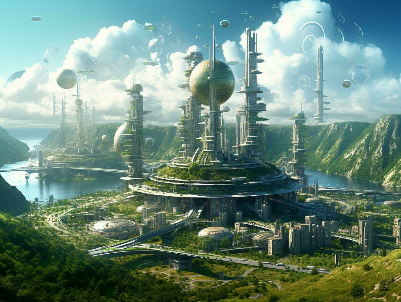 3d representación de un fantasía extraterrestre planeta. futurista ciudad. generativo ai foto