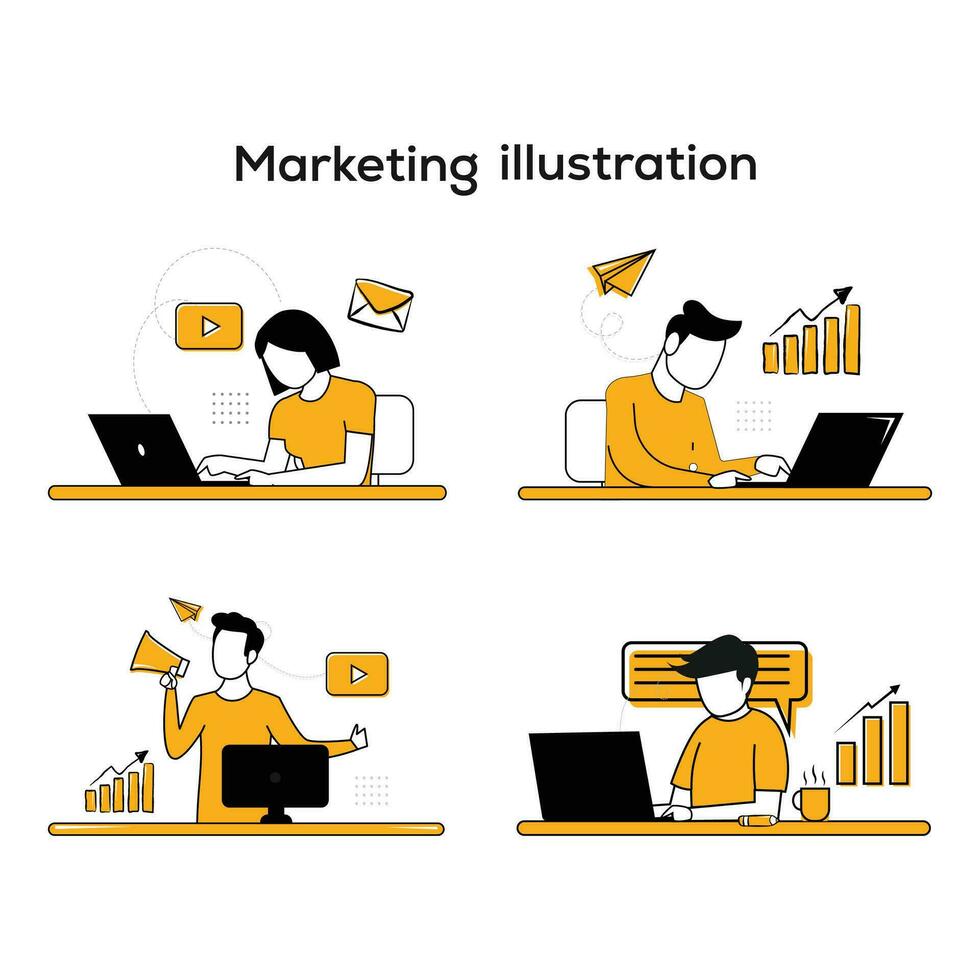 márketing equipo puesto de trabajo ilustración vector