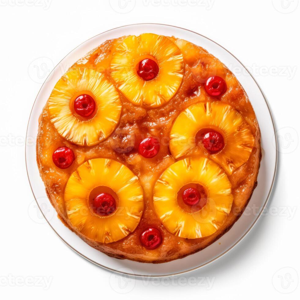 Delicious Pineapple Upside-Down Cake isolated on white background, photo