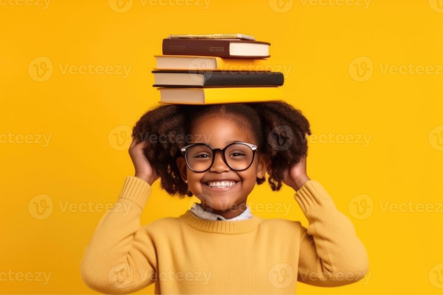 funny smiling Black child school girl with glasses hold books on her head. Yellow background. 25534072 Stock Photo at Vecteezy
