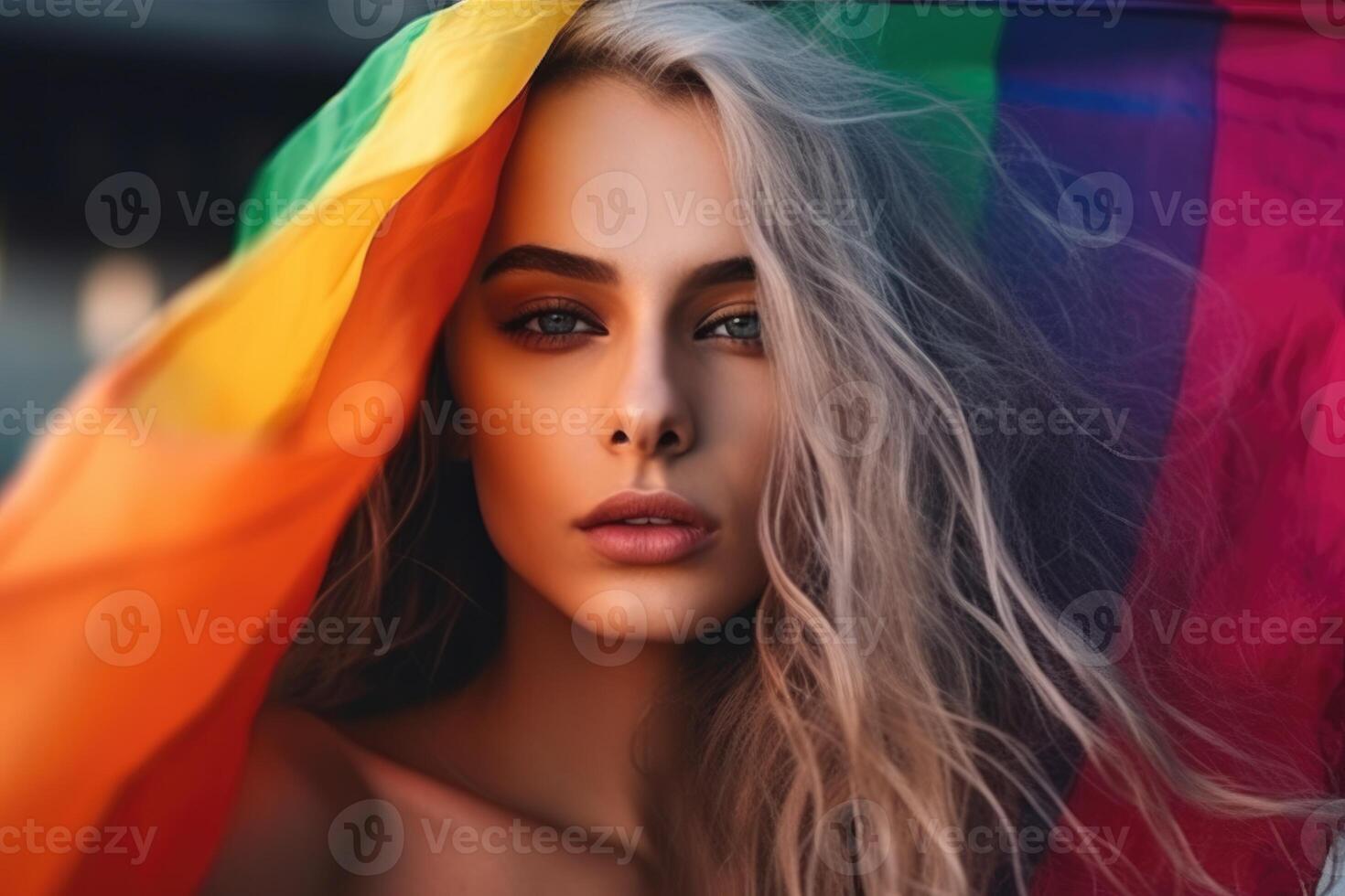 happy young woman holding LGBTQ flag over head. photo