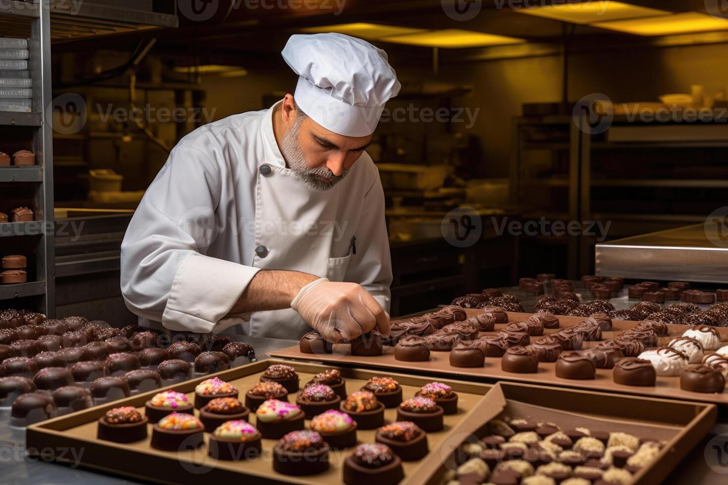 male master chef chocolatier working in artisanal professional chocolate laboratory, AI Generative photo