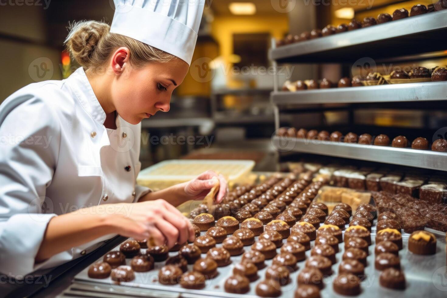 female master chef chocolatier working in artisanal professional chocolate laboratory, photo