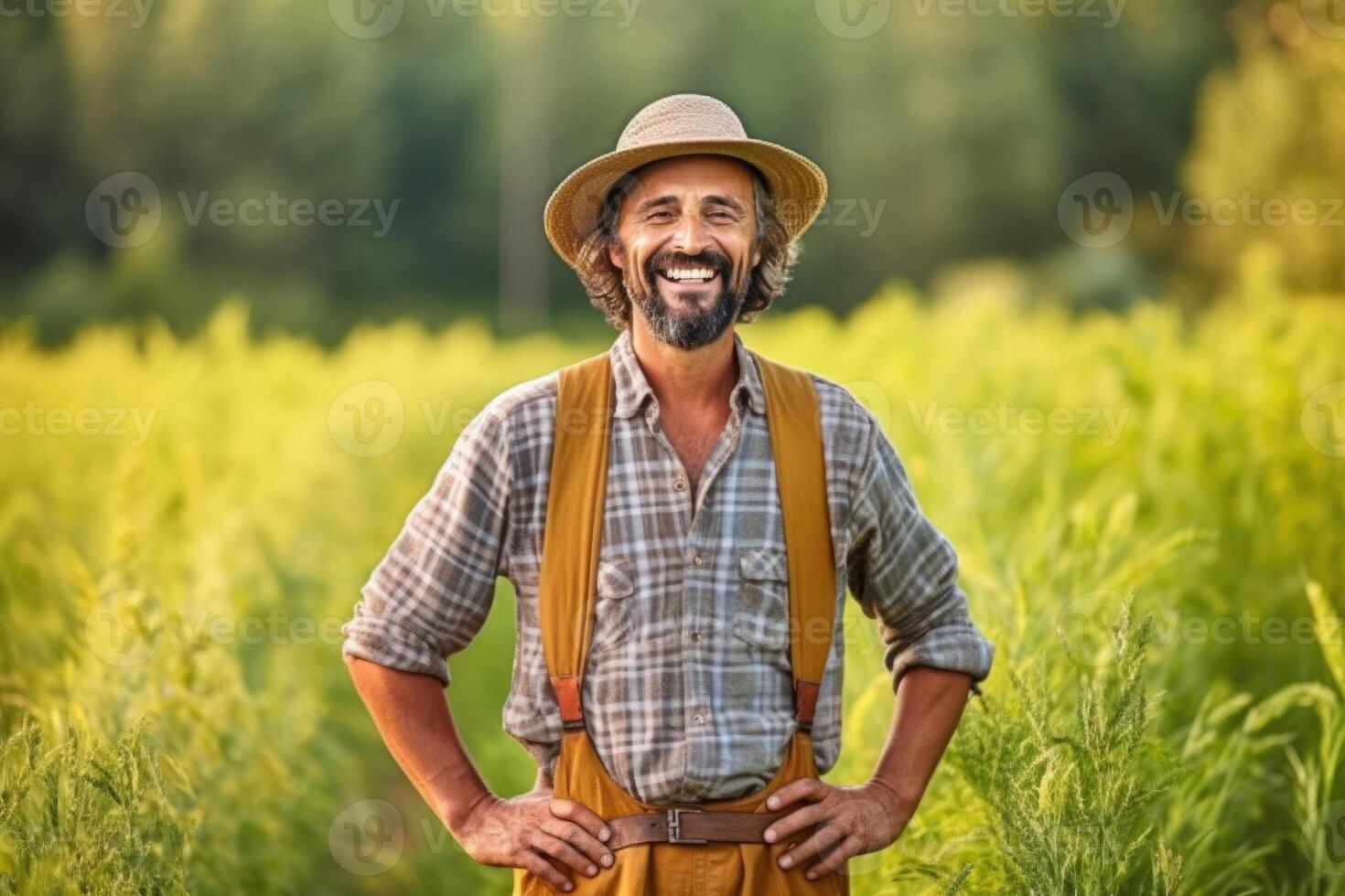 Smiling farmer standing in field , AI Generative photo