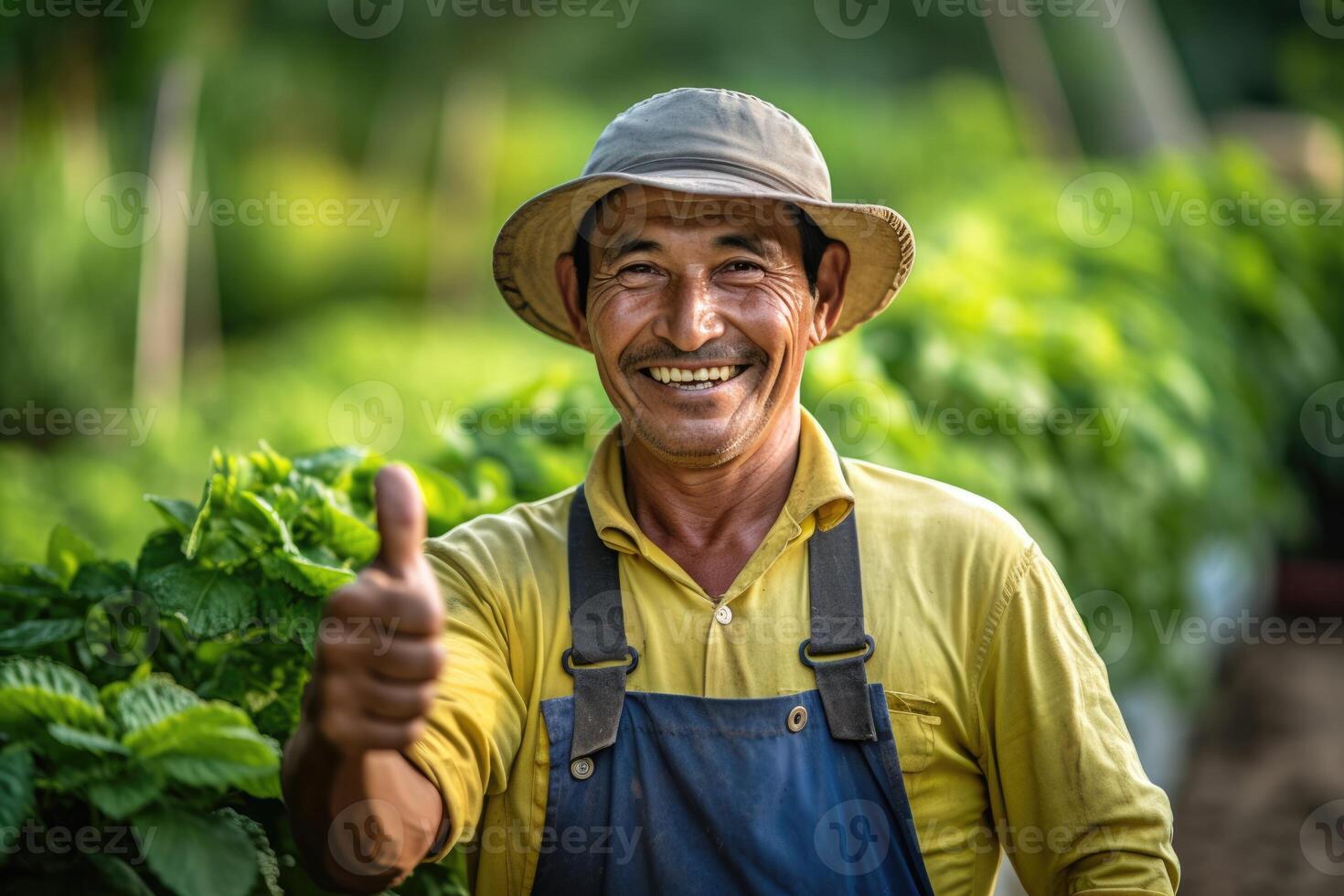 Smiling farmer standing in field showing thumb up, photo