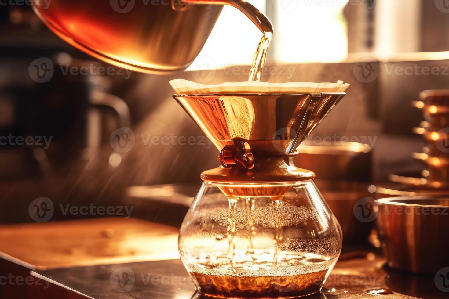 Alternative coffee brewing method,pure over,glass teapot on wooden tray with brewed coffee on dark background. photo