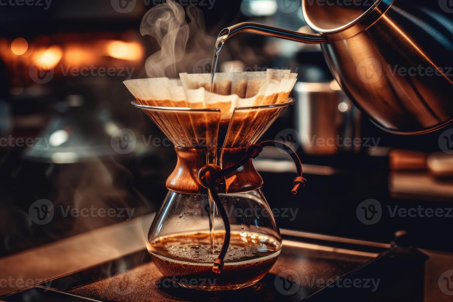 Alternative coffee brewing method,pure over,glass teapot on wooden tray with brewed coffee on dark background. photo