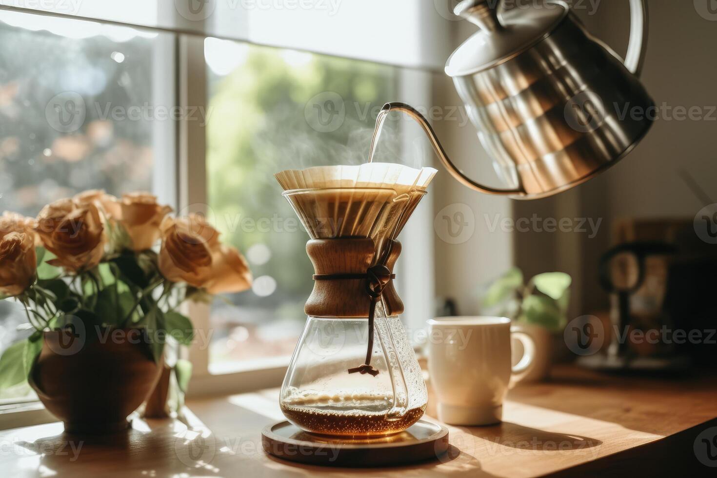 Alternative coffee brewing method,pure over,glass teapot on wooden tray with brewed coffee on dark background. photo