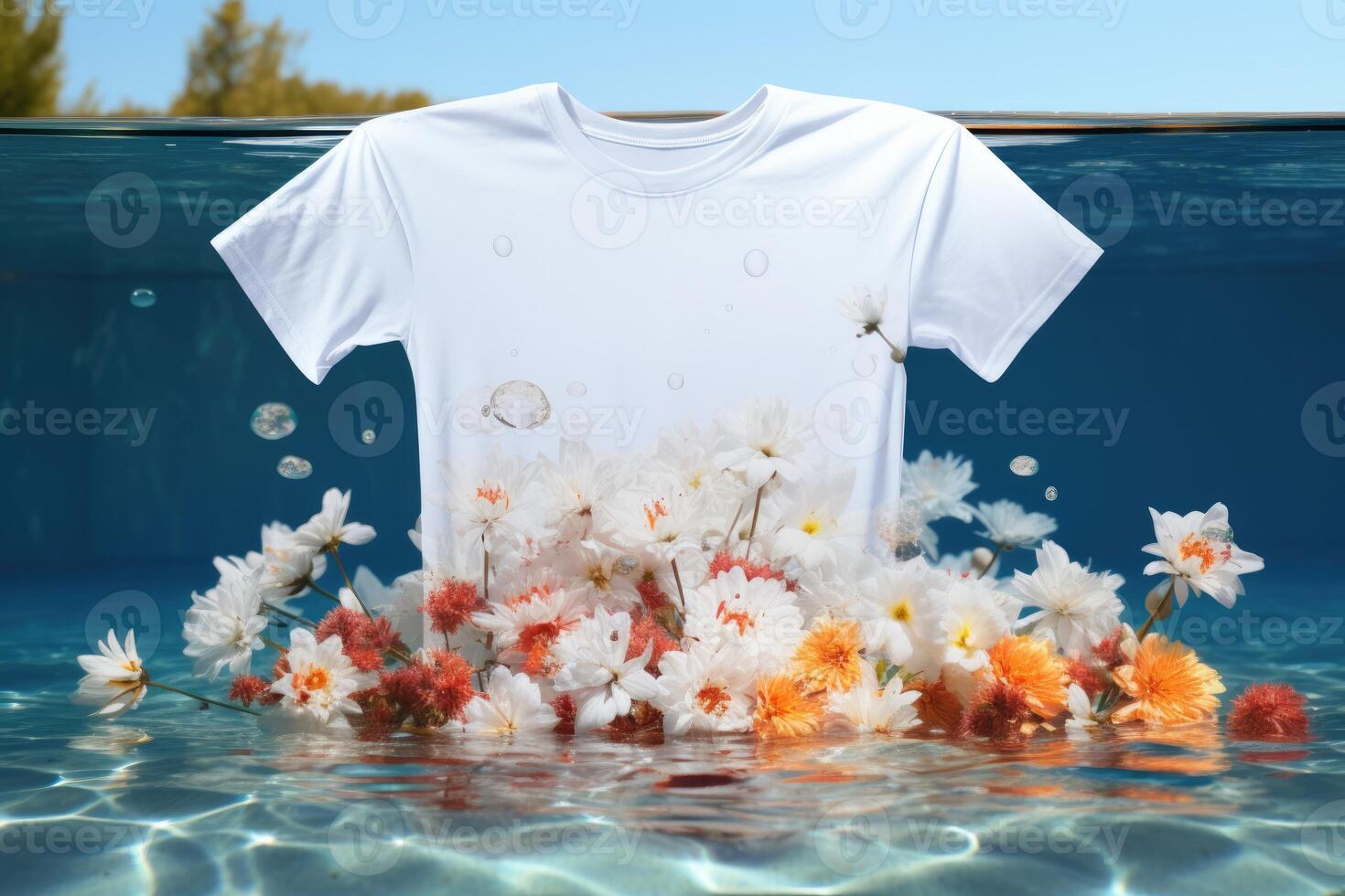 White tshirt mockup floatinf on water surface, photo