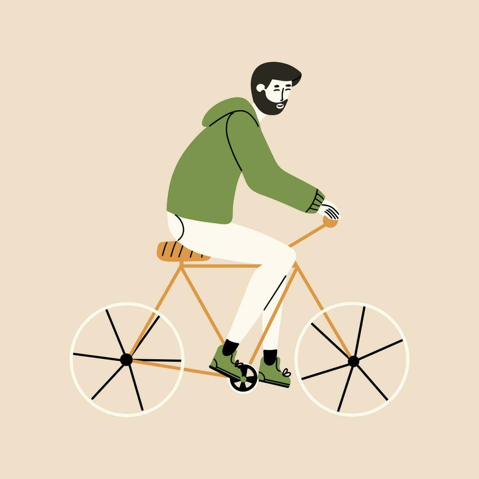 el hombre paseos un bicicleta. Respetuoso del medio ambiente modo de transporte. vector ilustración en mano dibujado estilo