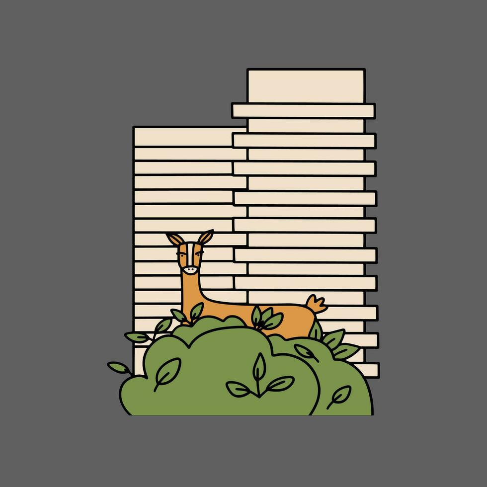 The concept of a green city with the inclusion of wildlife. Vector illustration in hand drawn style