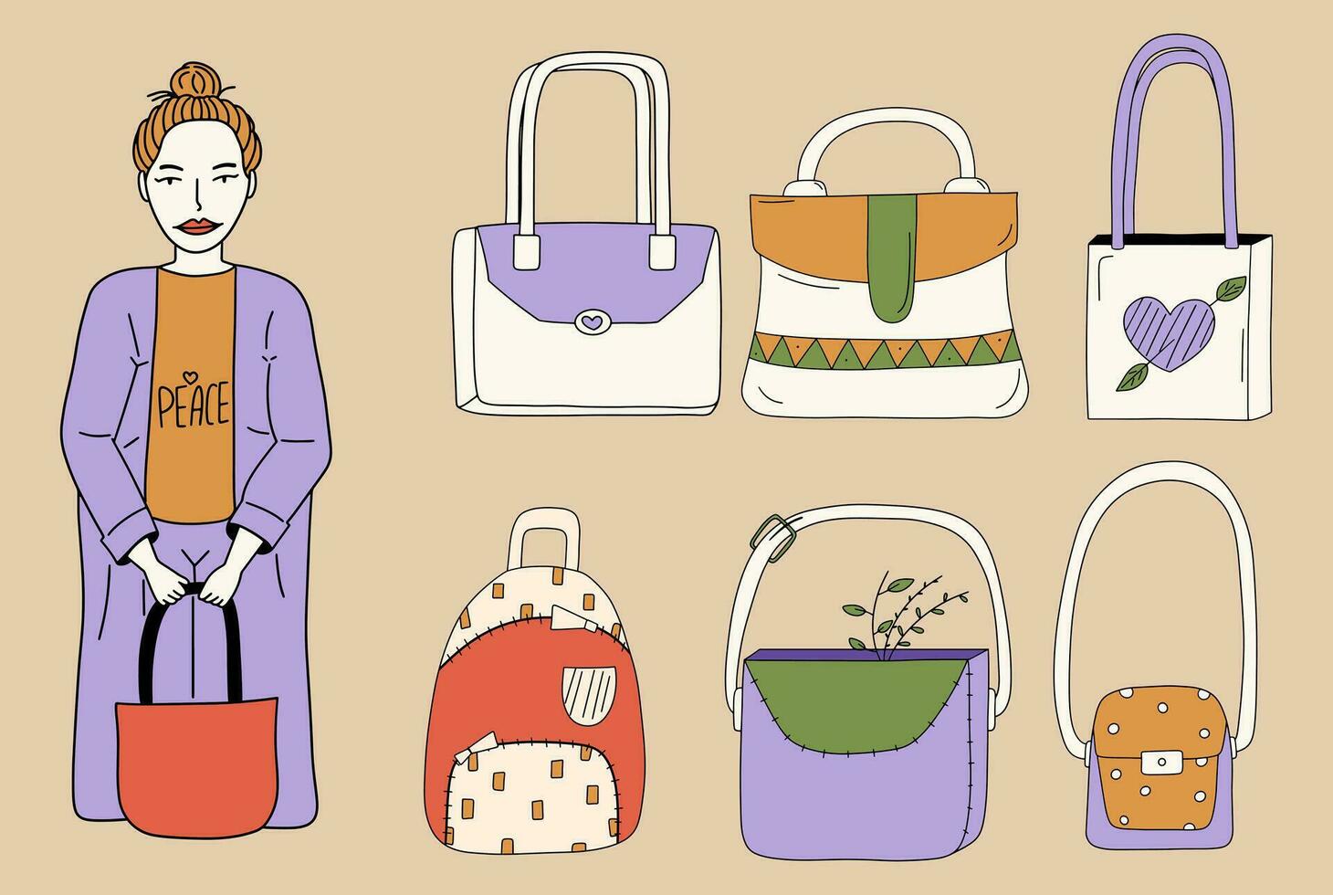 A set of various women's bags for different occasions. Vector illustration in flat style