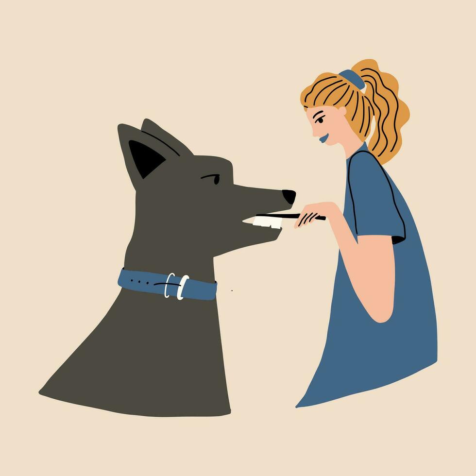 el propietario cepillos su perros dientes. mascota oral higiene. vector ilustración en mano dibujar estilo