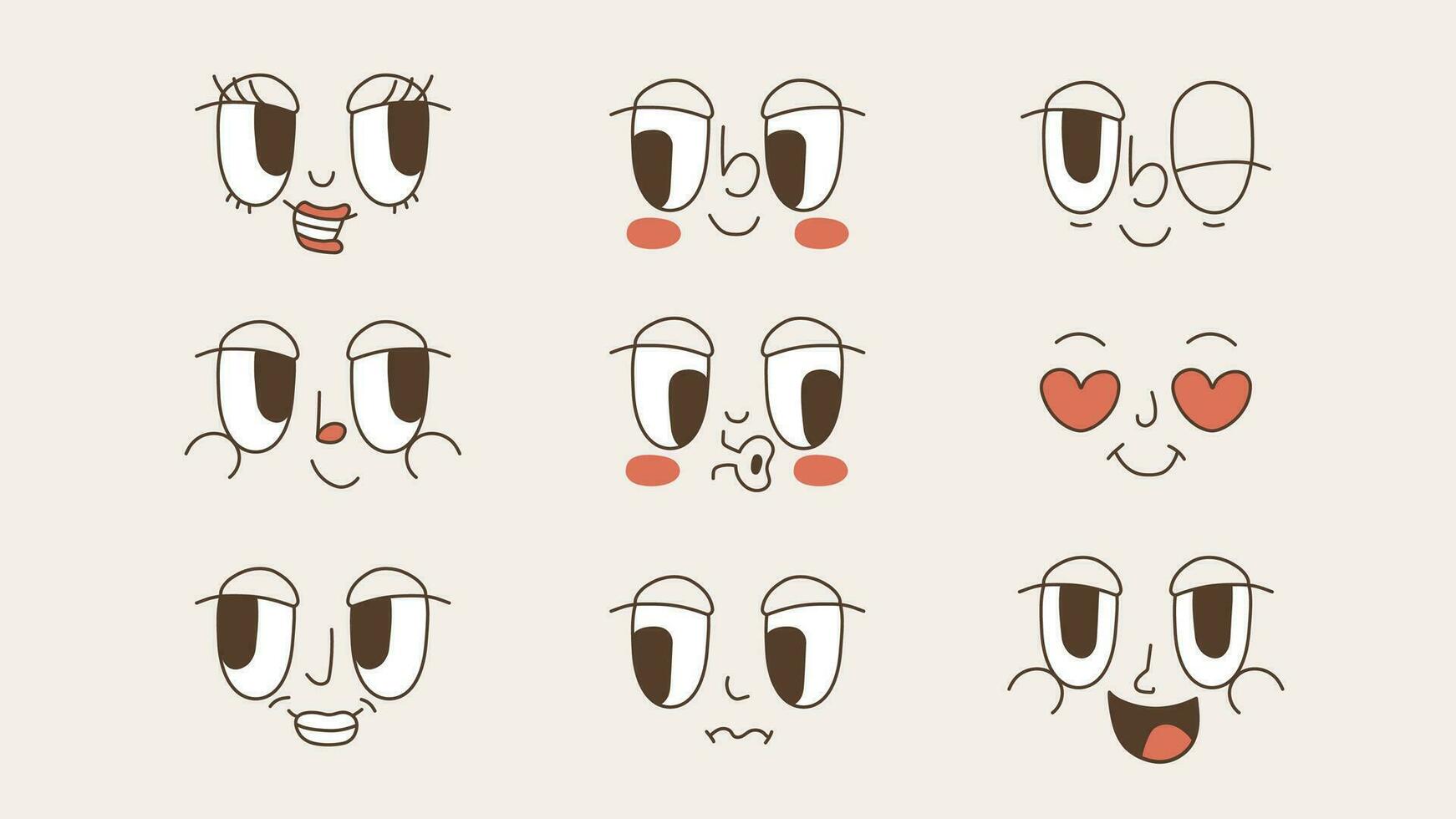 Groovy faces of the 70s. Comic cartoon retro eyes and mouths with different emotions. vector