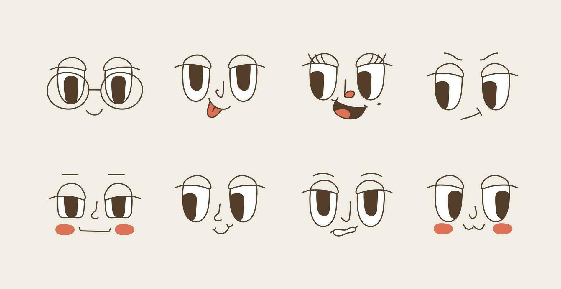 Cartoon retro groovy faces with various emotions. Funny eyes and mouths of the 70s. vector