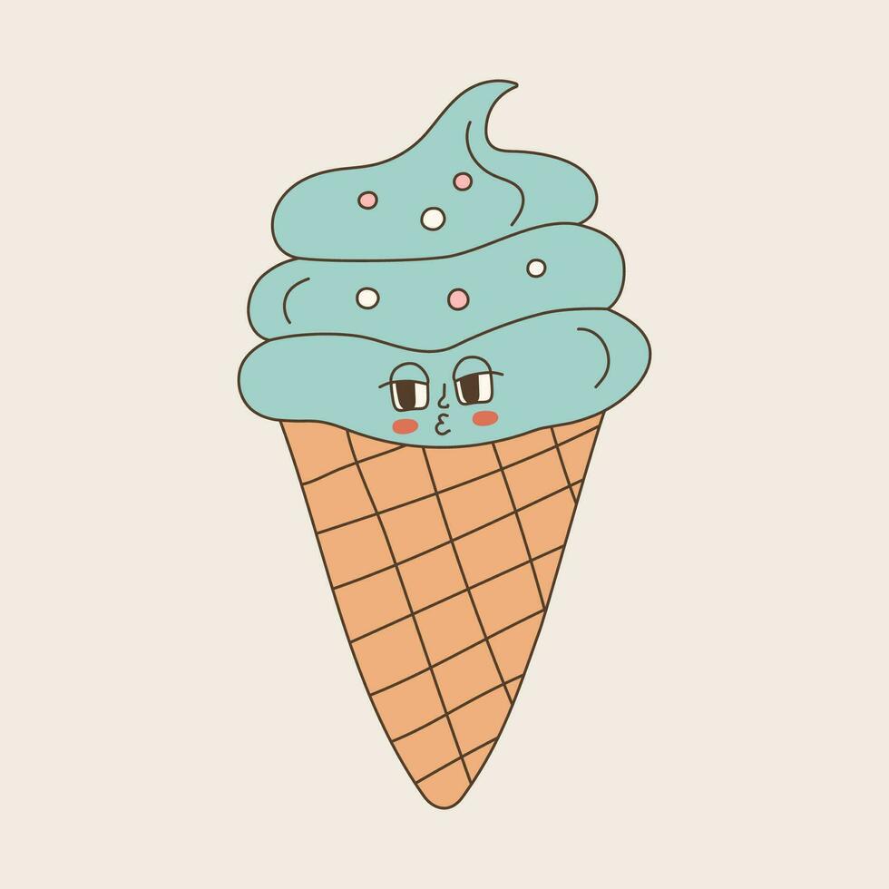 Cartoon retro groovy ice cream waffle cone. Summer character with face of the 70s. vector