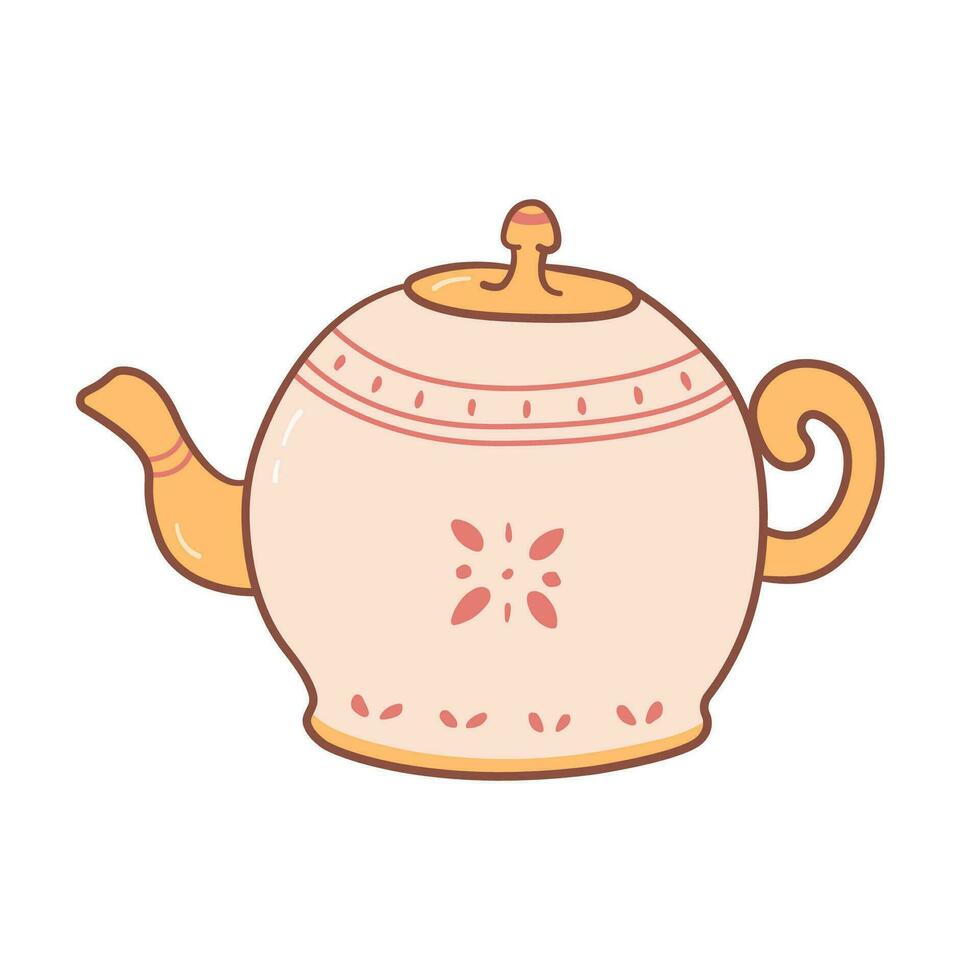 Ceramic teapot in cartoon style. Cute rustic tea pot in doodle style. Vector illustration isolated on white background