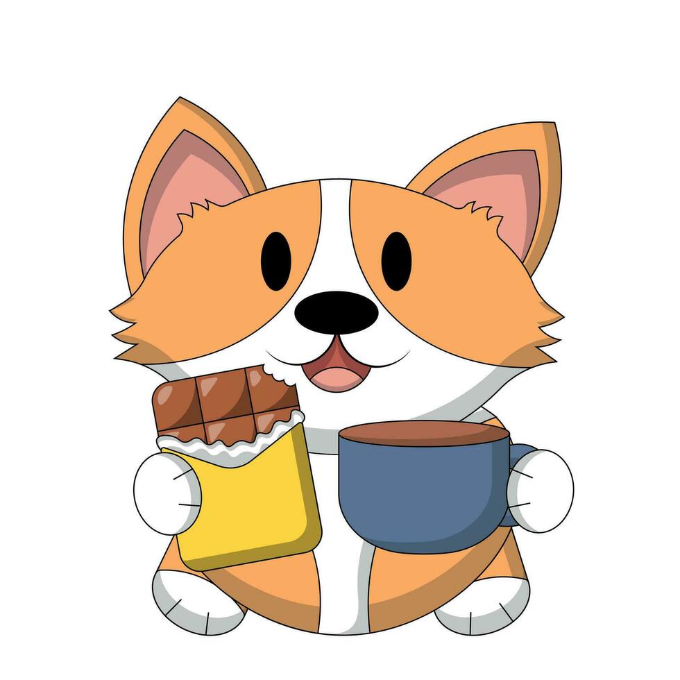 linda corgi con chocolate bar y taza en color vector