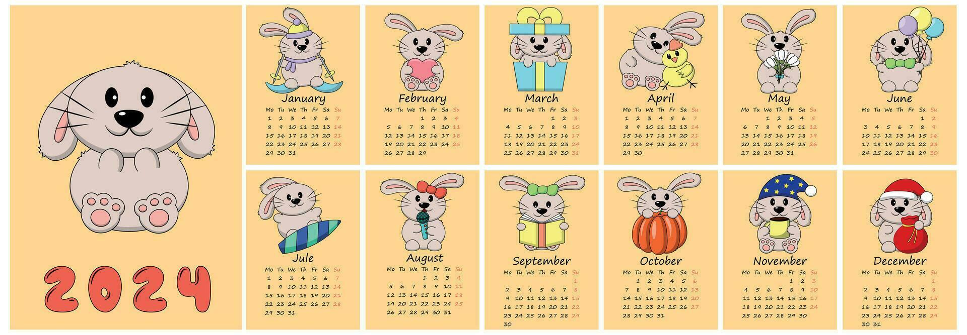 calendario para 2024 con linda dibujos animados personaje Conejo vector