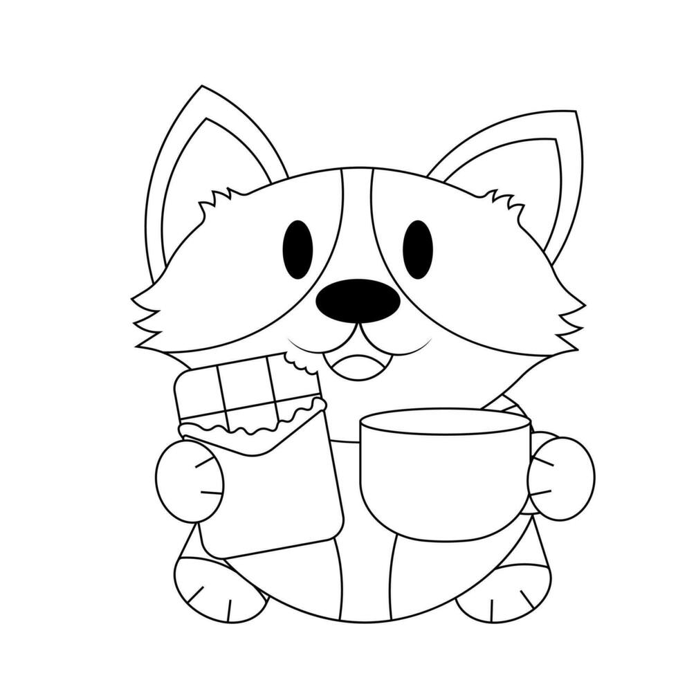 Cute Corgi with chocolate bar and cup in black and white vector