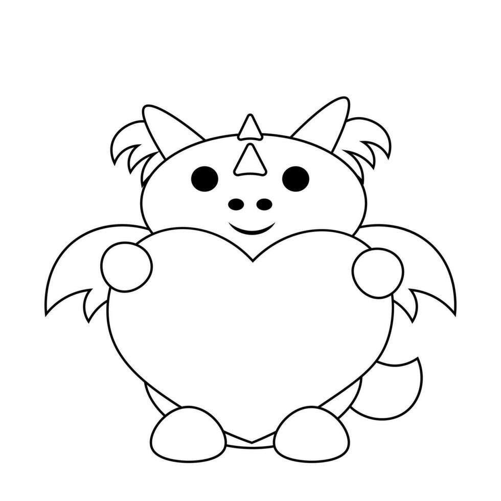 Cute cartoon dragon with heart in black and white vector