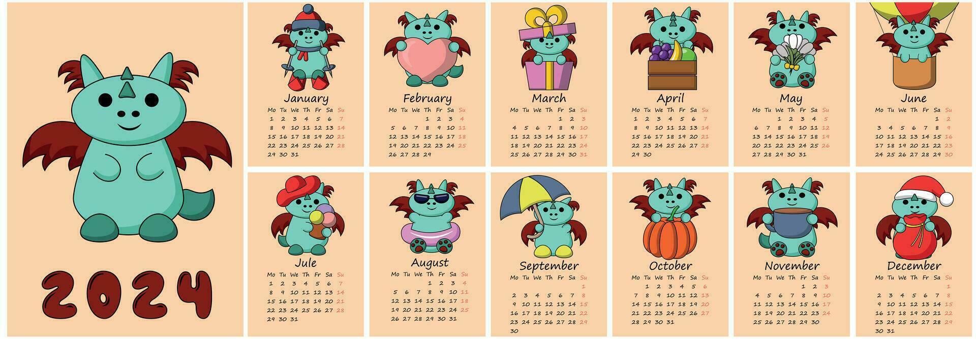calendario para 2024 con linda dibujos animados personaje dradon