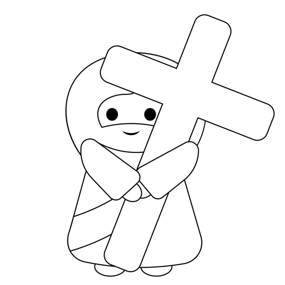 Cute God Jesus Christ holds the cross in black and white vector