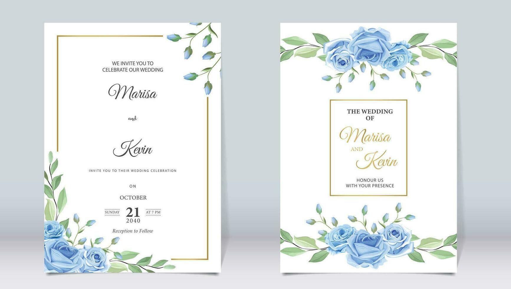 Elegant blue floral wedding invitation with minimalistic design vector