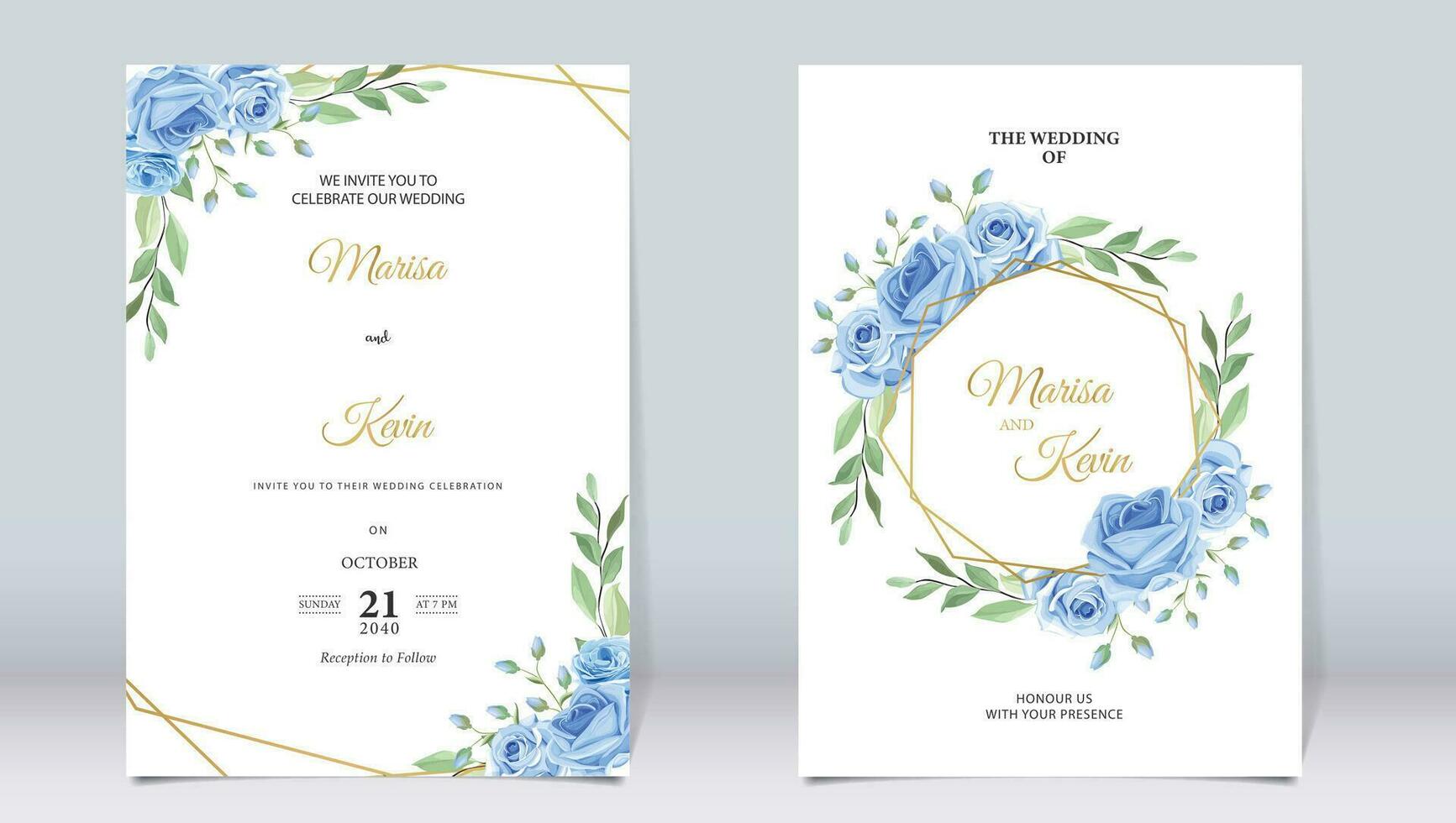 Elegant blue floral wedding invitation with minimalistic design vector