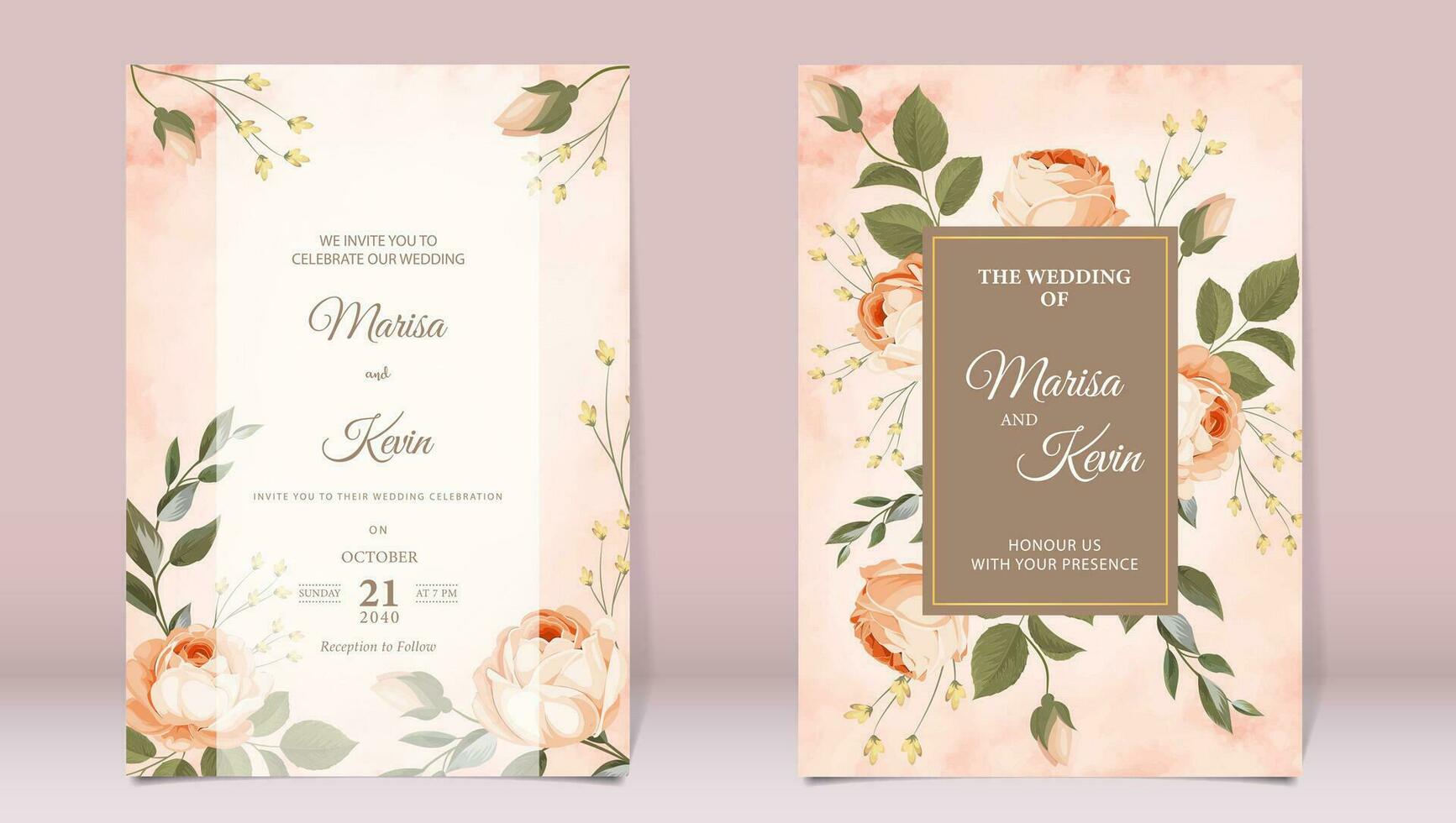 Luxury wedding invitation with peony and leaves on watercolor background vector