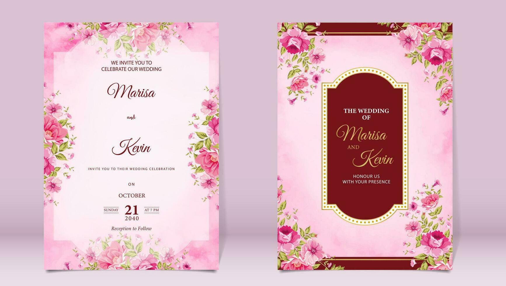 Luxury wedding invitation with peony and leaves on watercolor background vector