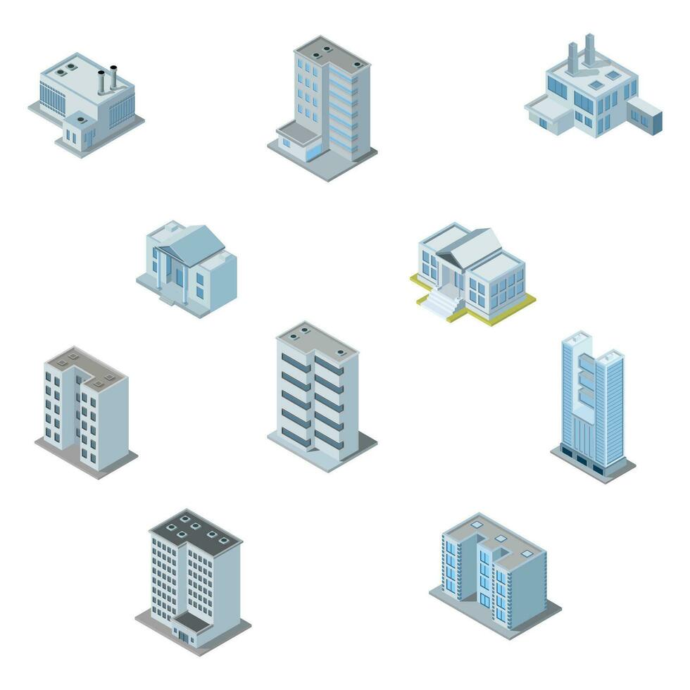 industrial conjunto de 3d isométrica proyección de dimensional casas, edificios, y muchos otro diseño elementos necesario creativo diseñadores vector