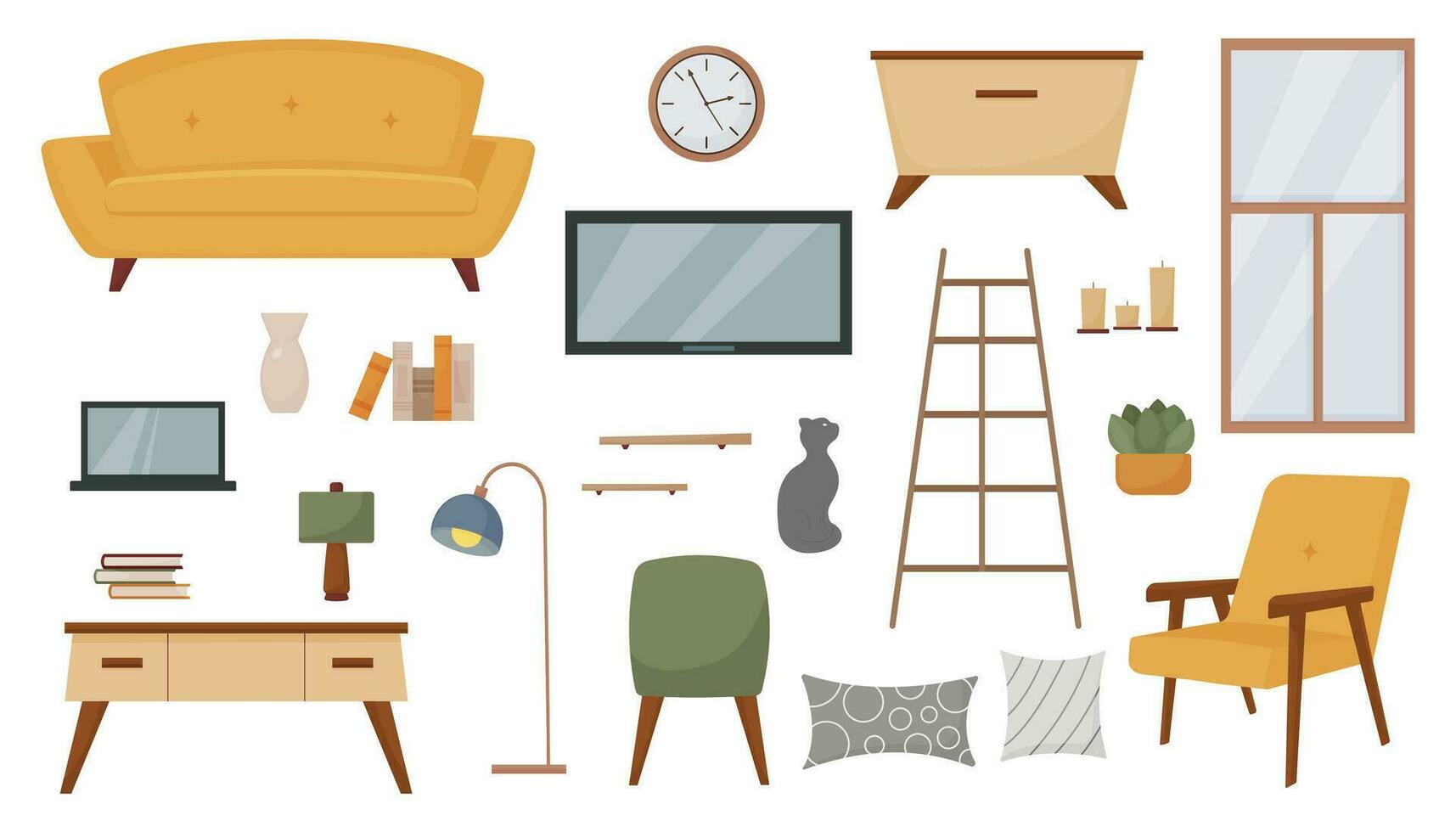 set of furniture and decor elements, interior item collection, sofa, armchair, plant, desk, window, tv, books, vase, lamp, shelf, pillow, vector modern illustration