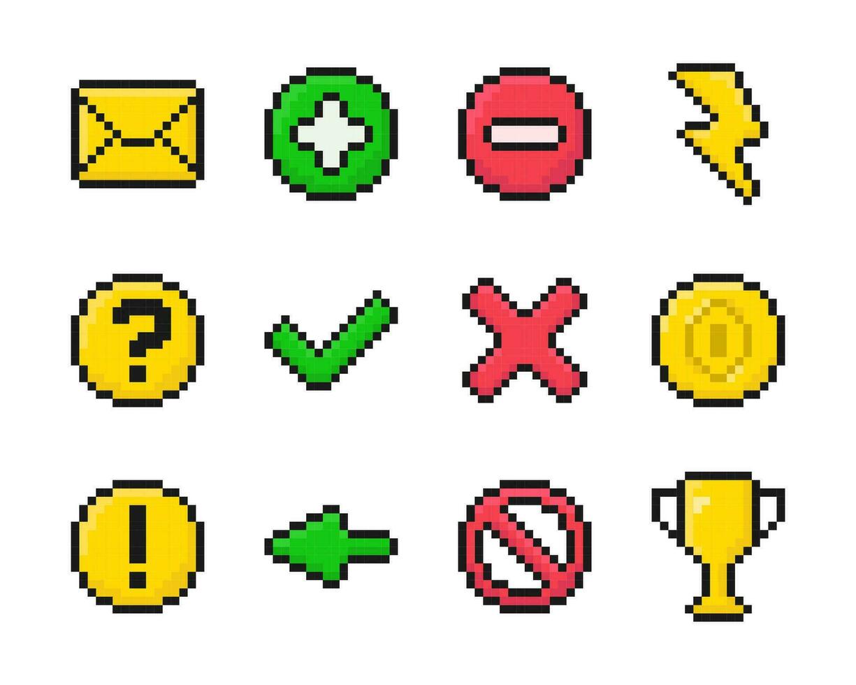 set of pixel art vector objects, icons for game or mobile apps, 8-bit, 80s, 90s games, vintage, envelope, arrow, lightning, goblet, coin