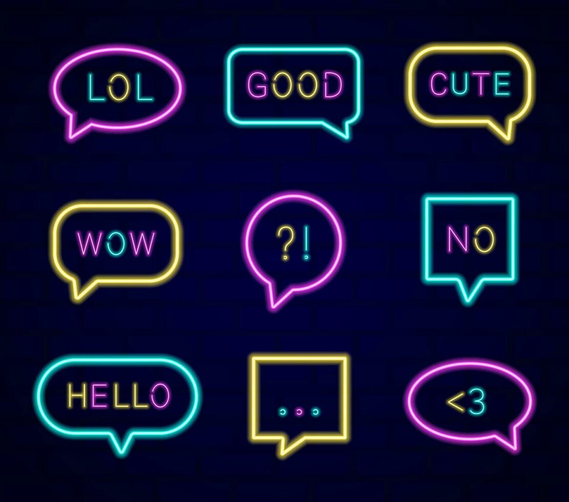 neon speech bubbles, signs, neon lettering, shiny, glowing effect, 90s, 80s style, messaging, vector illustration