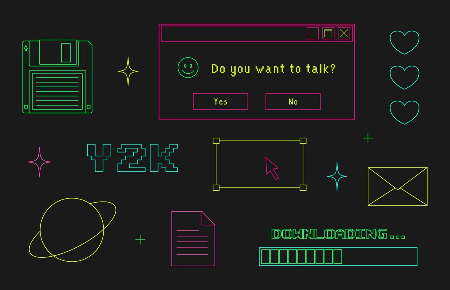 y2k neon trendy set of objects, old computer interface, retro pc elements, 1990s 2000s style, envelope, mail, cursor, star, floppy disk, nostalgia, vector illustration