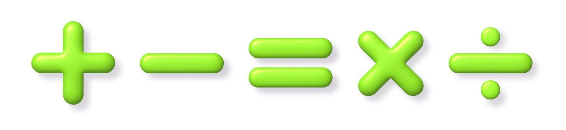 matemáticas 3d icono colocar. verde aritmética más, menos, es igual, multiplicar y dividir señales en blanco antecedentes con sombra. vector ilustración.