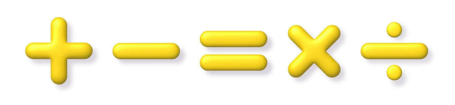 matemáticas 3d icono colocar. amarillo aritmética más, menos, es igual, multiplicar y dividir señales en blanco antecedentes con sombra. vector ilustración.