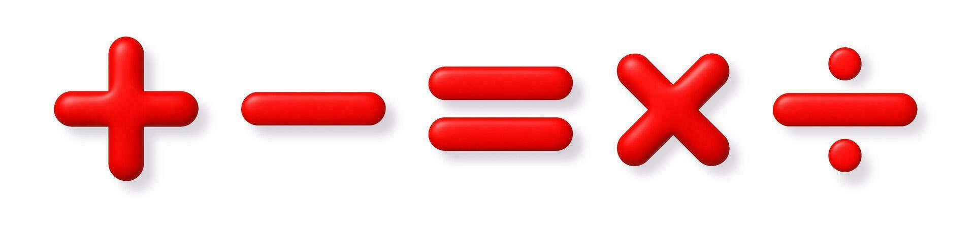 Math 3D icon set. Red arithmetic plus, minus, equals, multiply and divide signs on white background with shadow. Vector illustration.