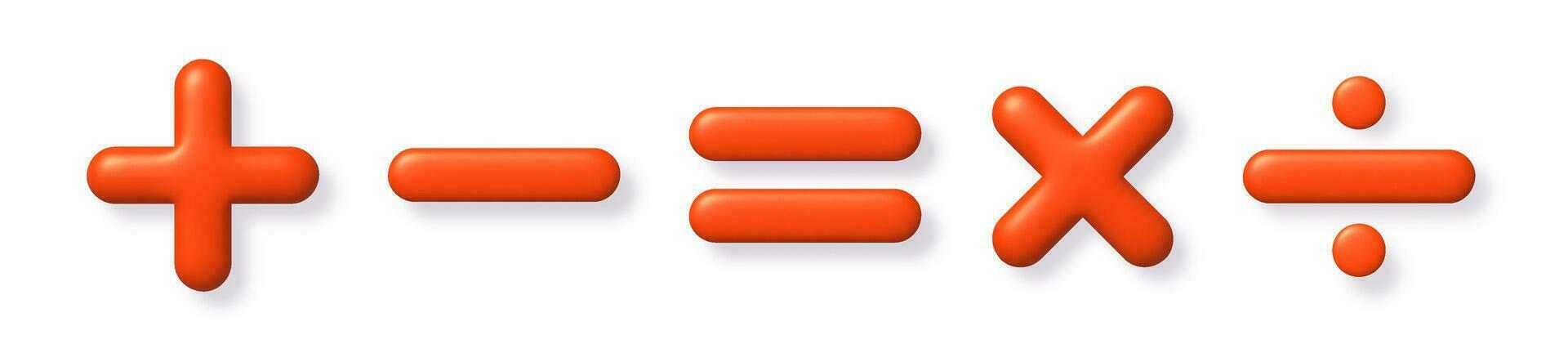 Math 3D icon set. Orange arithmetic plus, minus, equals, multiply and divide signs on white background with shadow. Vector illustration.