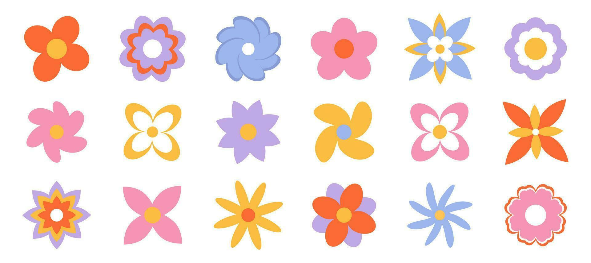 Colorful groovy retro flower daisy set. Hippie stickers. Modern abstract template. Vintage decorative design element. vector