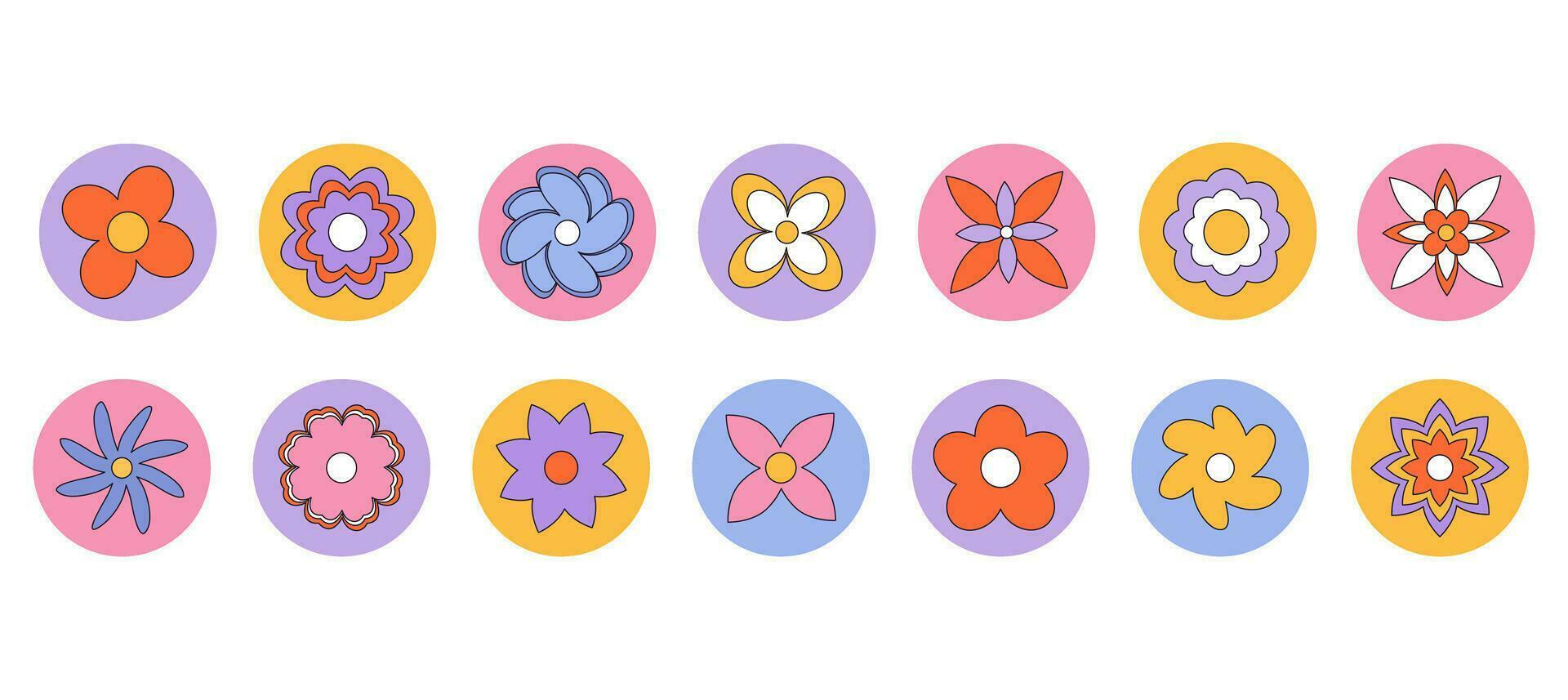 Colorful groovy retro flower daisy sticker set. Stickers in trendy 70s style vector
