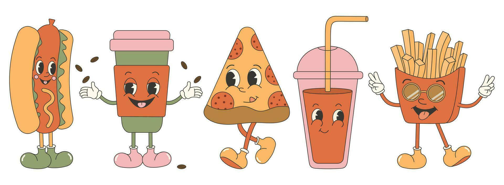Trendy groovy fast food sticker set. Retro vintage vector set with cute and funny characters. Hot dog, coffee, soda, french fries, pizza.