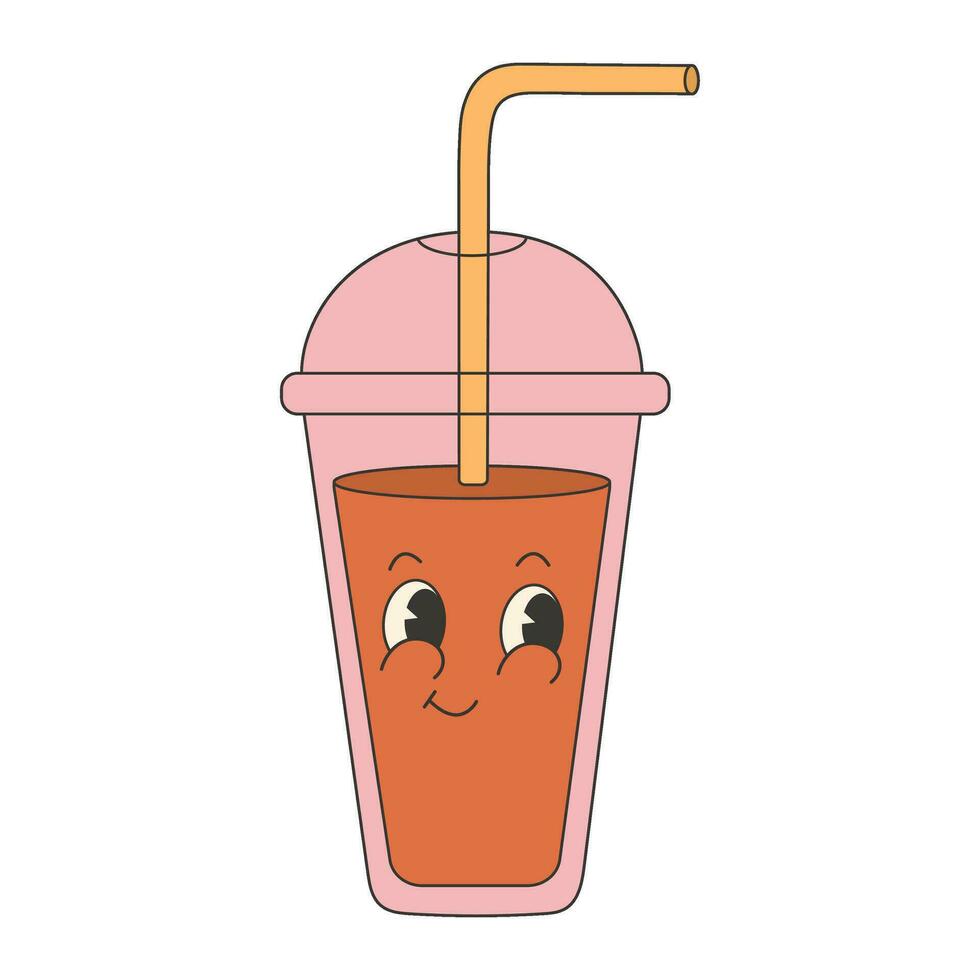 Trendy groovy soda drink sticker. Retro vintage vector sticker with cute and funny character.